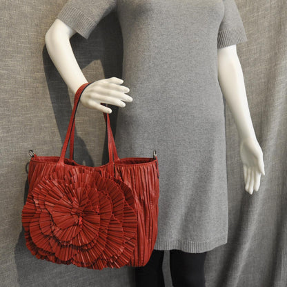 Valentino Garavani Leather Pleated Rosette Tote Red 3 of 9
