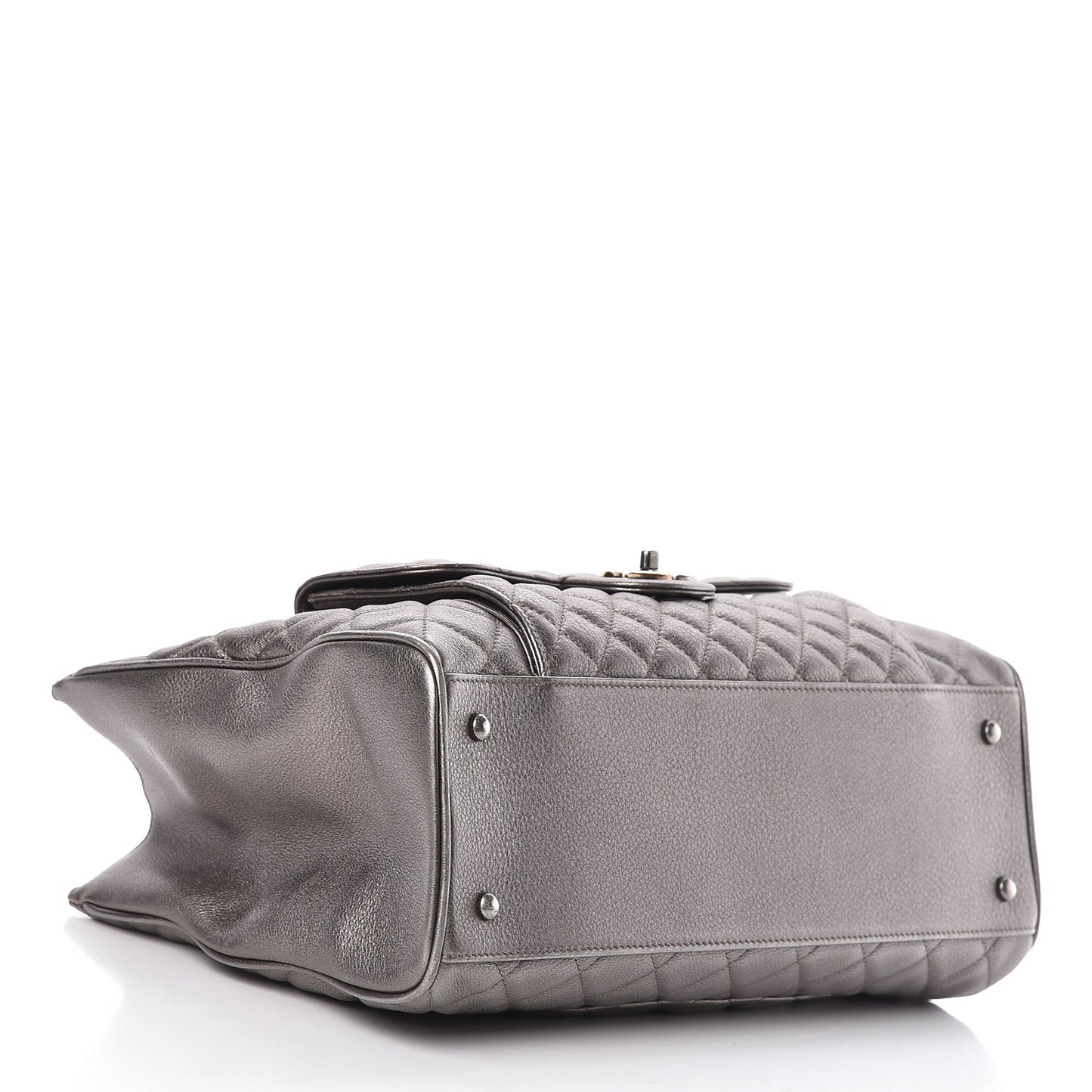 Metallic Grained Calfskin Quilted Large Casual Pocket Tote Silver