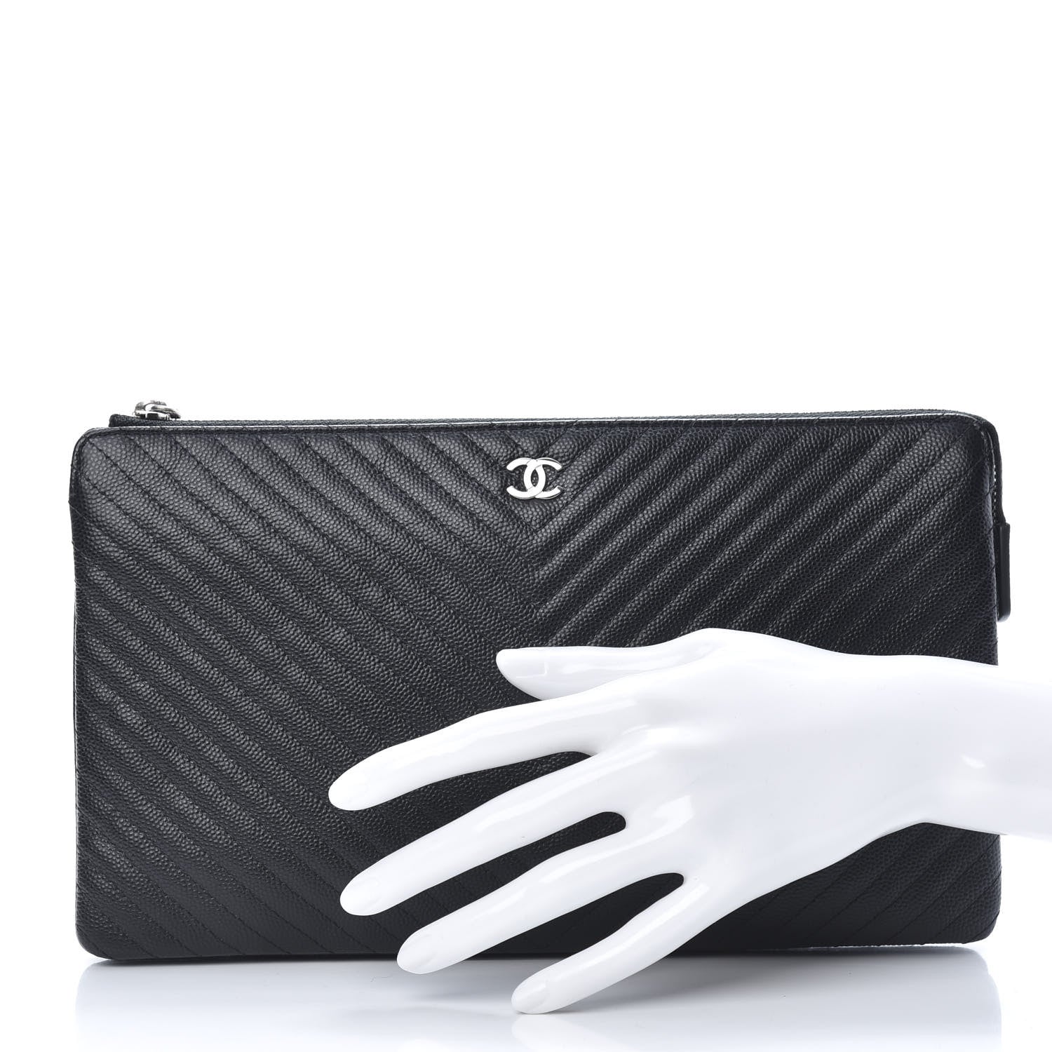 Chanel Caviar Chevron Quilted Large Zipped Clutch Black 2 of 9