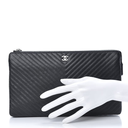 Chanel Caviar Chevron Quilted Large Zipped Clutch Black 2 of 9