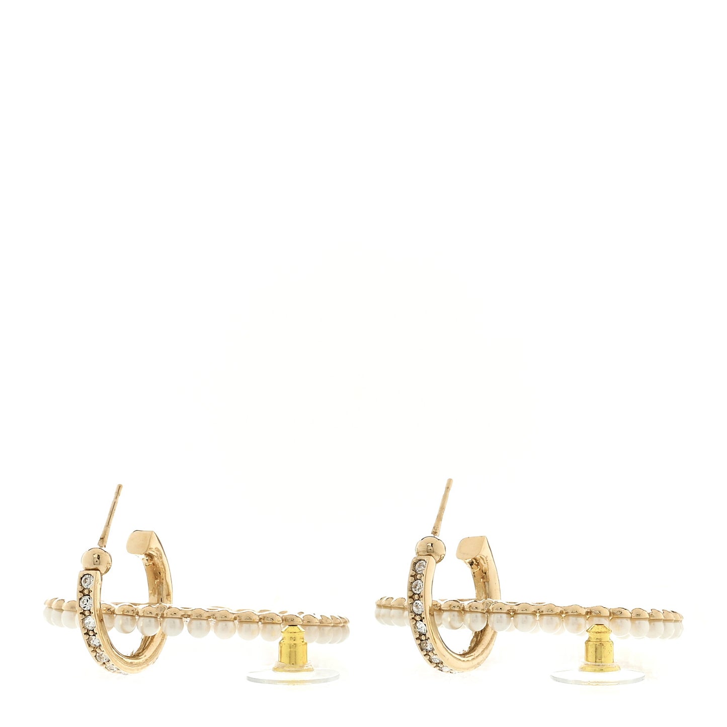 Crystal Pearl CC Door Knocker Hoop Earrings Gold Pearly White