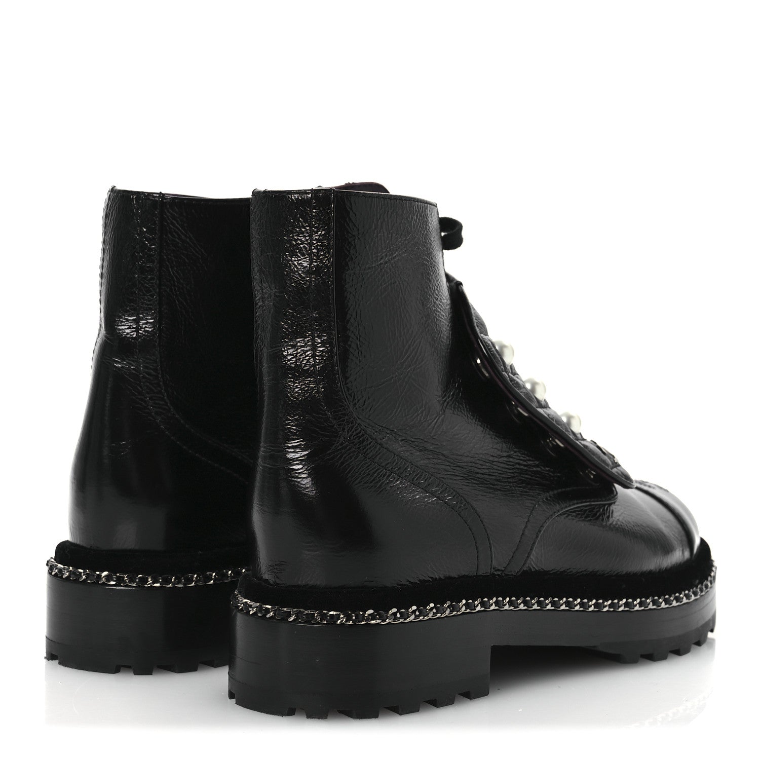 Chanel Crackled Calfskin Velvet Pearl Combat Short Boots 37 Black 5 of 11