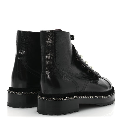 Chanel Crackled Calfskin Velvet Pearl Combat Short Boots 37 Black 5 of 11
