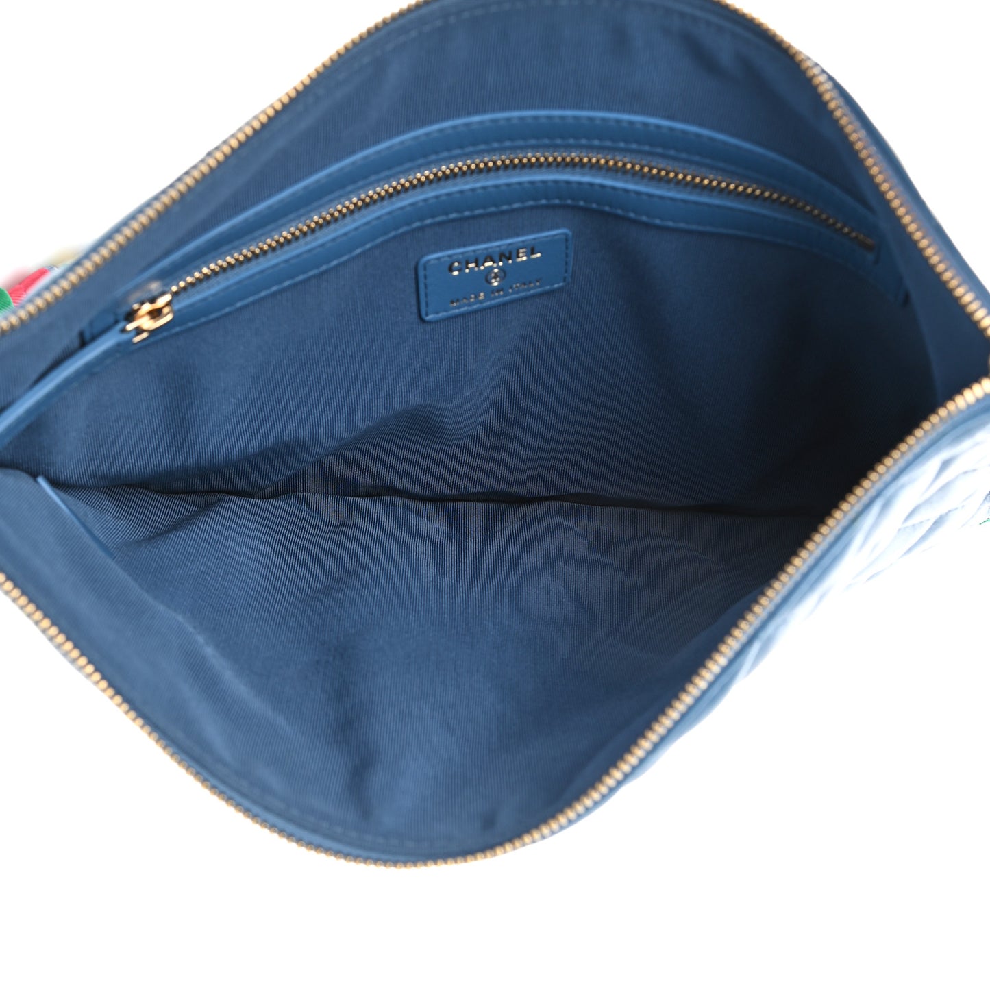 Shiny Lambskin Ribbon Large Zip Pouch Blue