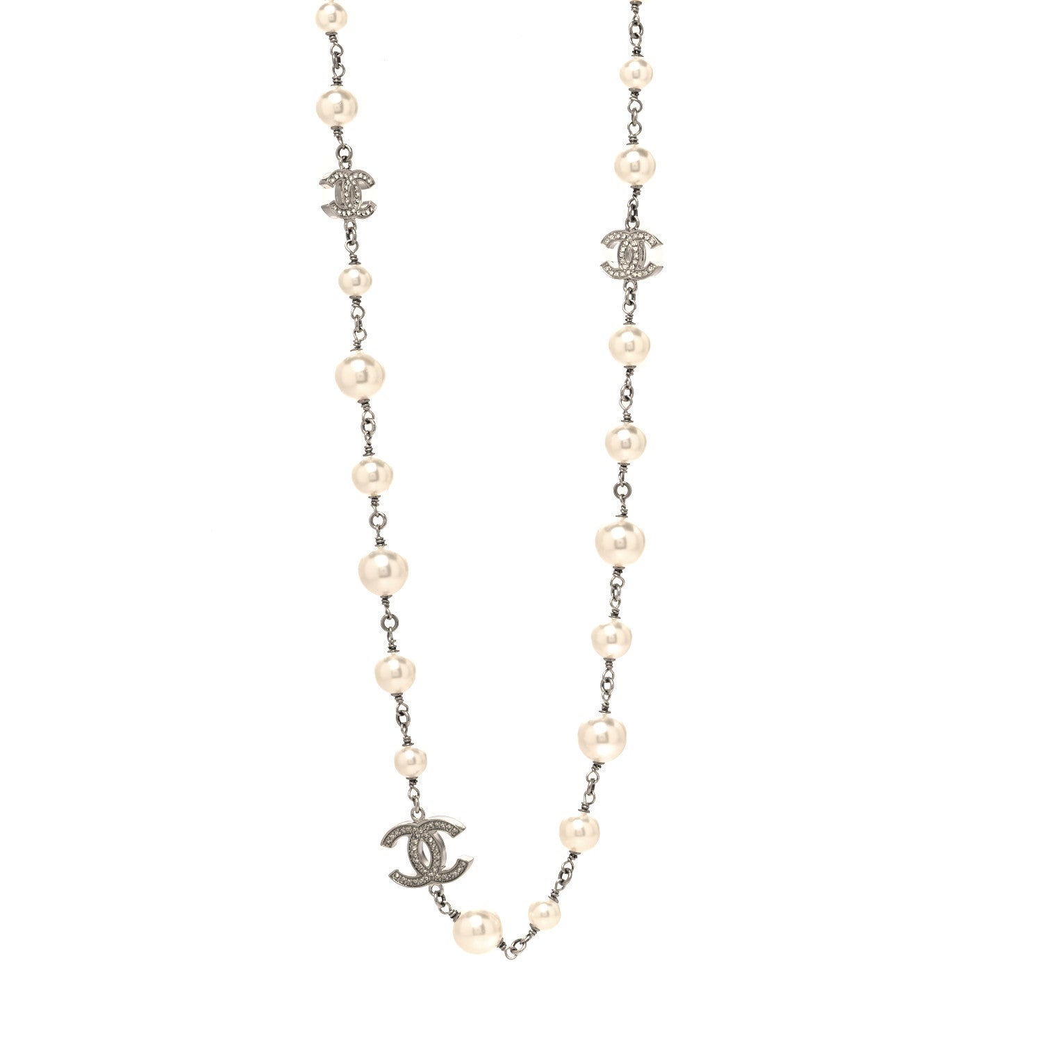 Chanel Graduated Pearl Crystal CC Long Necklace Silver 1 of 5