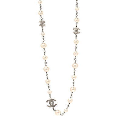 Chanel Graduated Pearl Crystal CC Long Necklace Silver 1 of 5