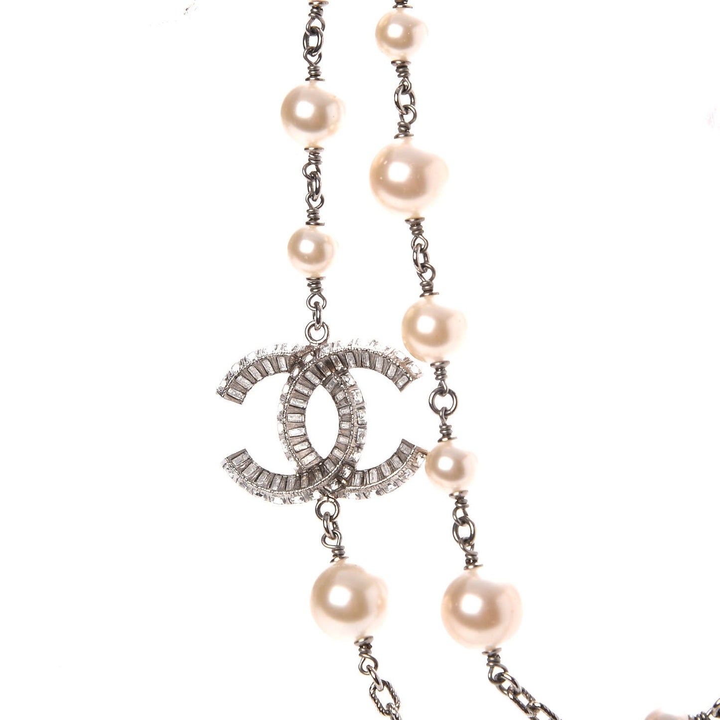 Pearl Baguette Crystal CC Long Necklace Silver