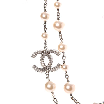 Chanel Pearl Baguette Crystal CC Long Necklace Silver 4 of 6