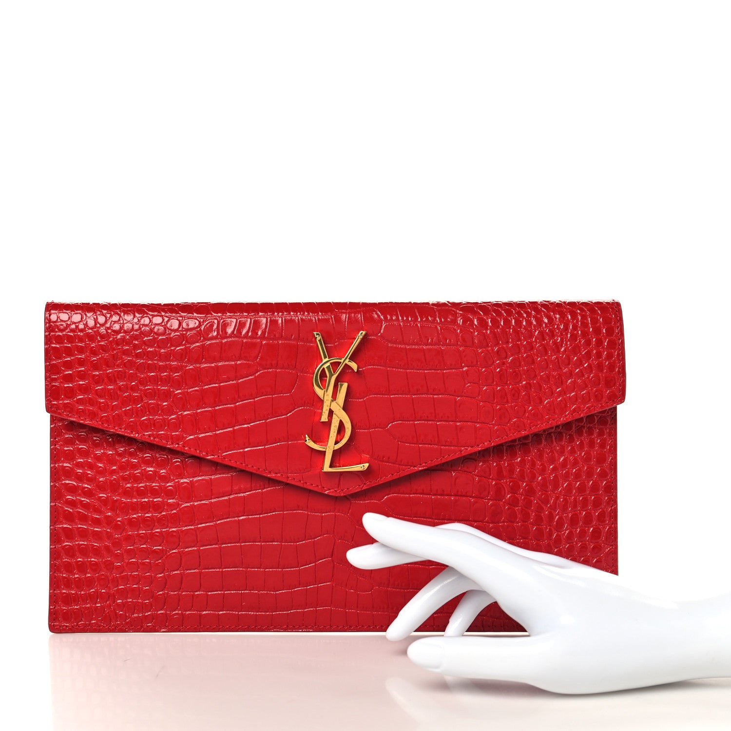Saint Laurent Calfskin Crocodile Embossed Uptown Monogram Pouch Rouge Eros 2 of 8