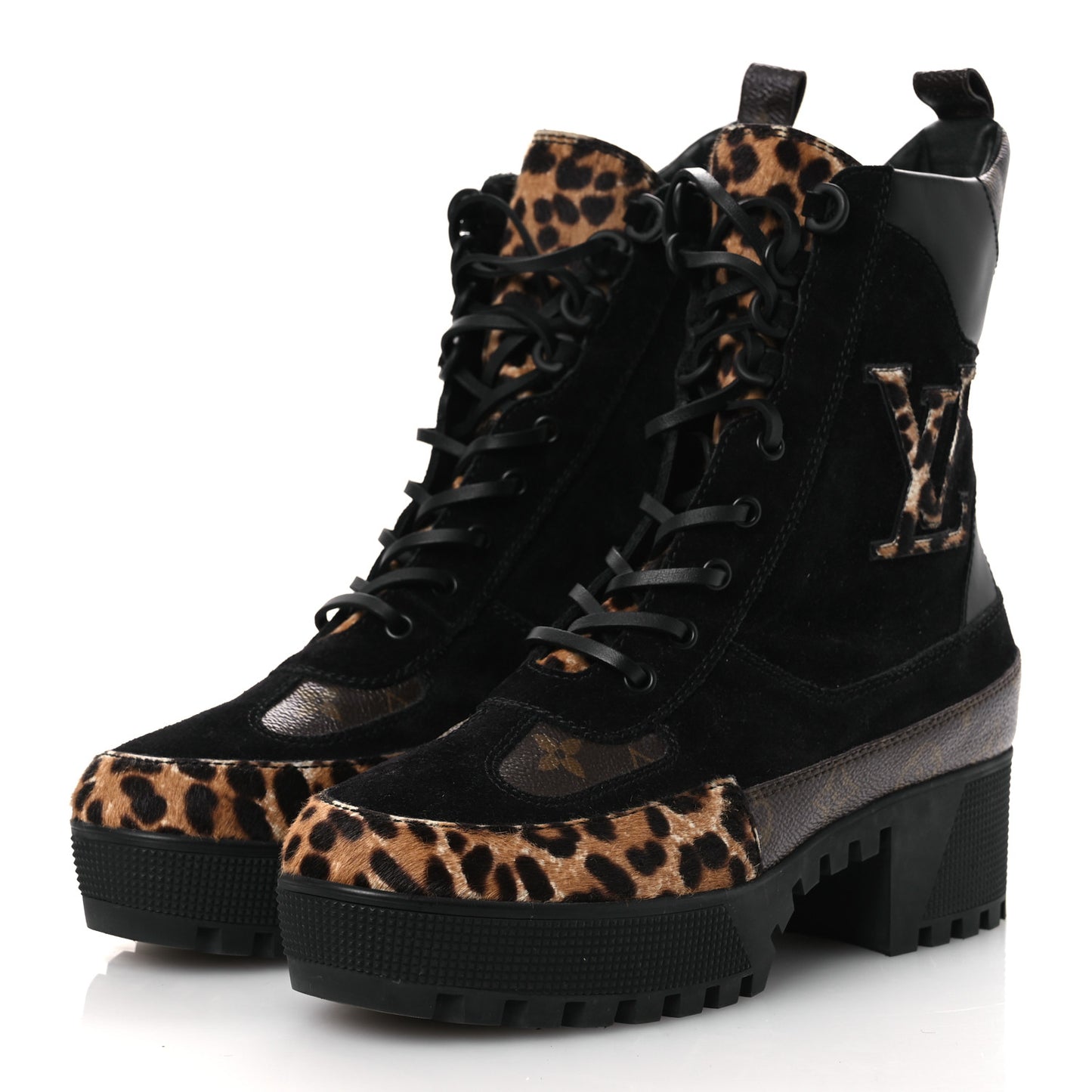 Suede Calfskin Monogram Calf Hair Laureate Platform Desert Boots 41 Black
