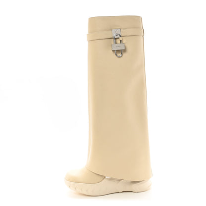 Givenchy Grained Calfskin Shark Lock Biker Knee Boots 40 Beige 1 of 8