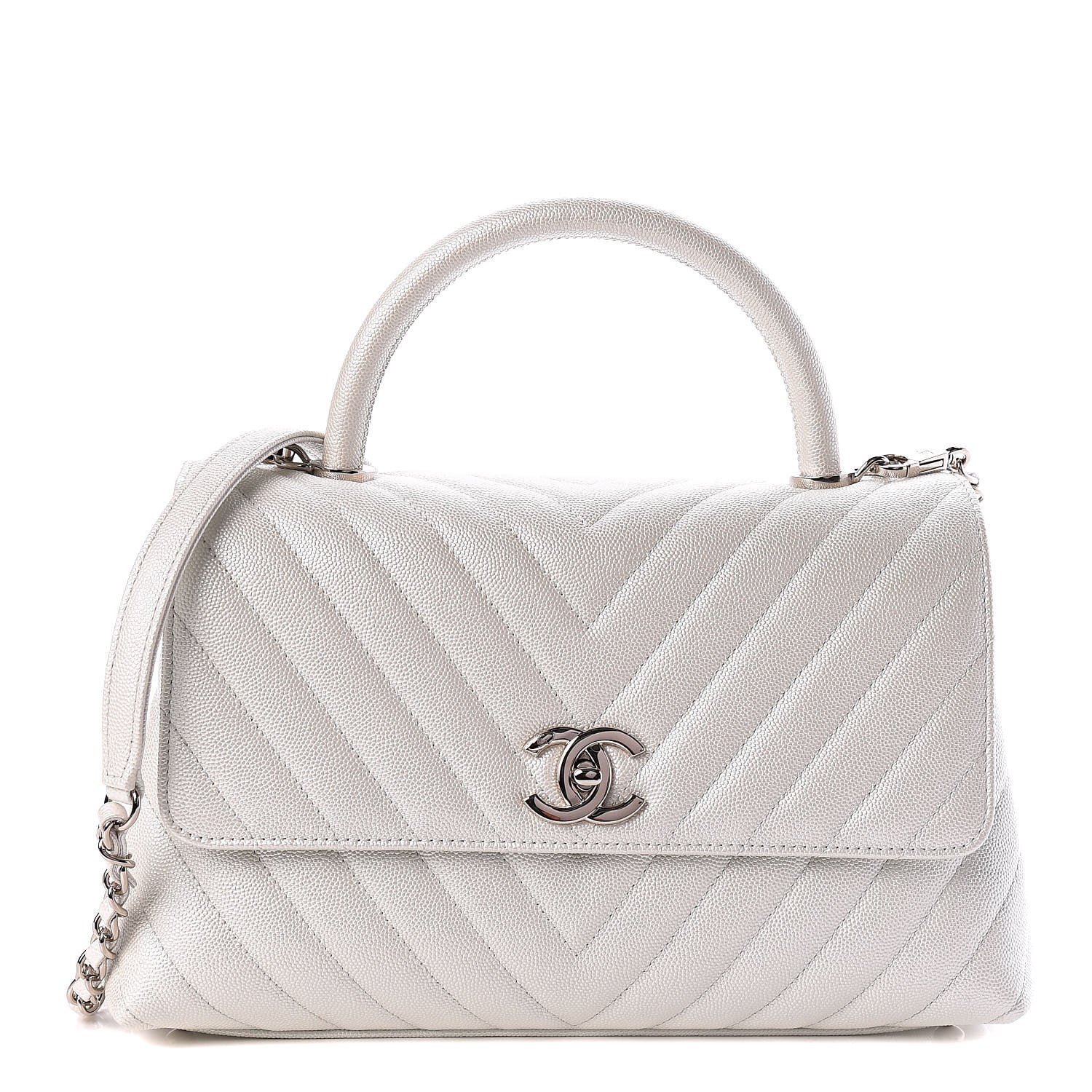 Chanel Iridescent Caviar Chevron Quilted Small Coco Handle Flap White 1 of 10