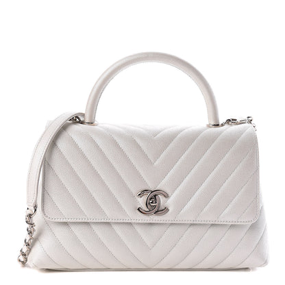 Chanel Iridescent Caviar Chevron Quilted Small Coco Handle Flap White 1 of 10