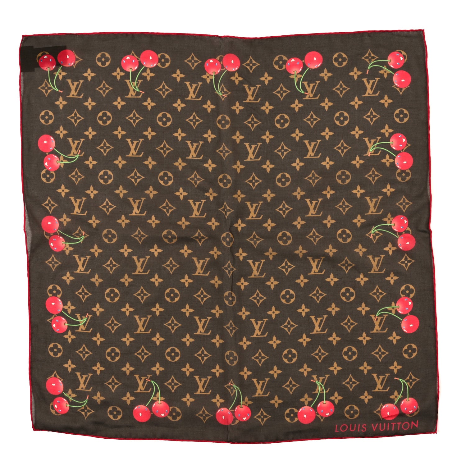 Louis Vuitton LV X TM Silk Cotton Monogram Cerises Square Scarf 55 Brown 1 of 3
