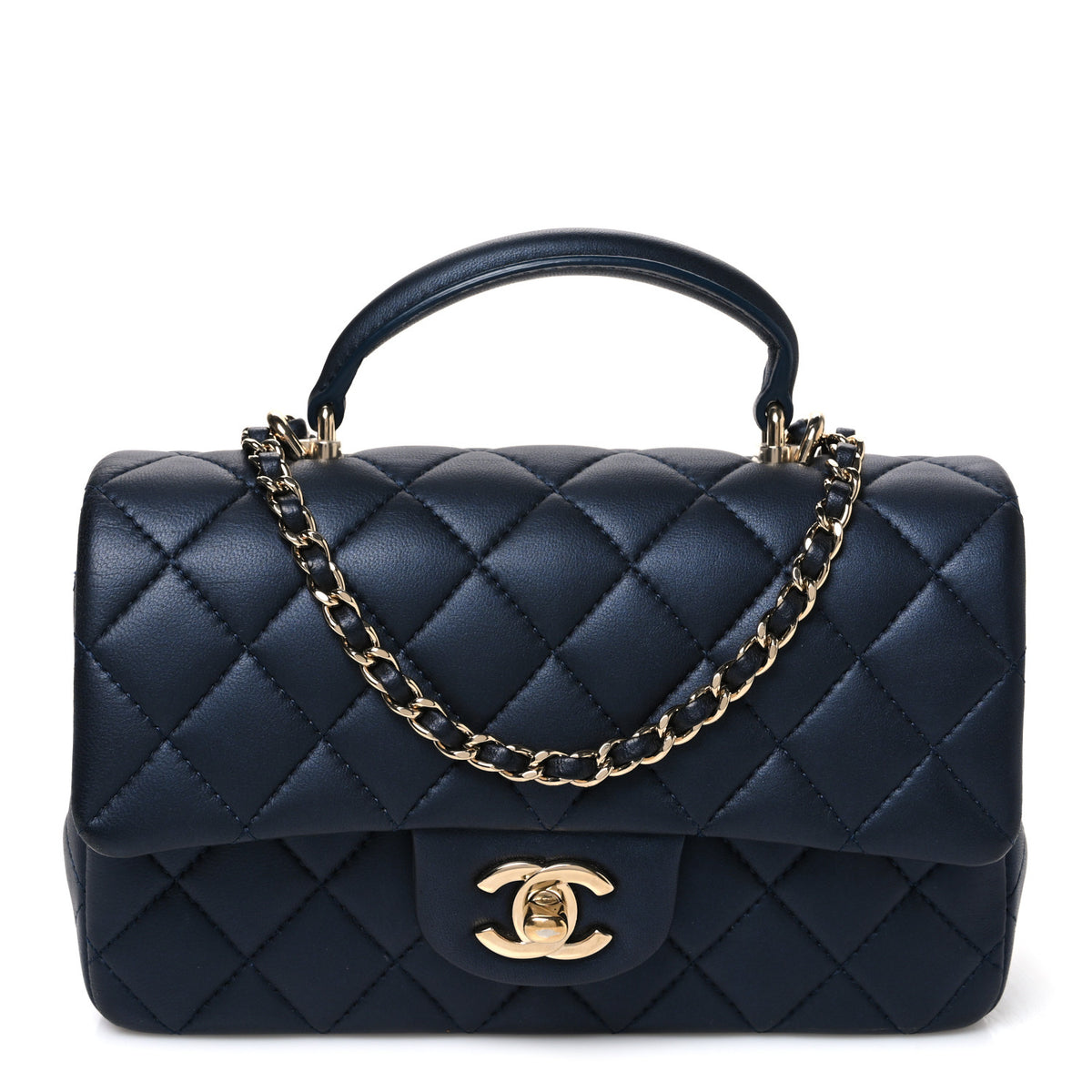 Iridescent Lambskin Quilted Mini Top Handle Rectangular Flap Dark Blue