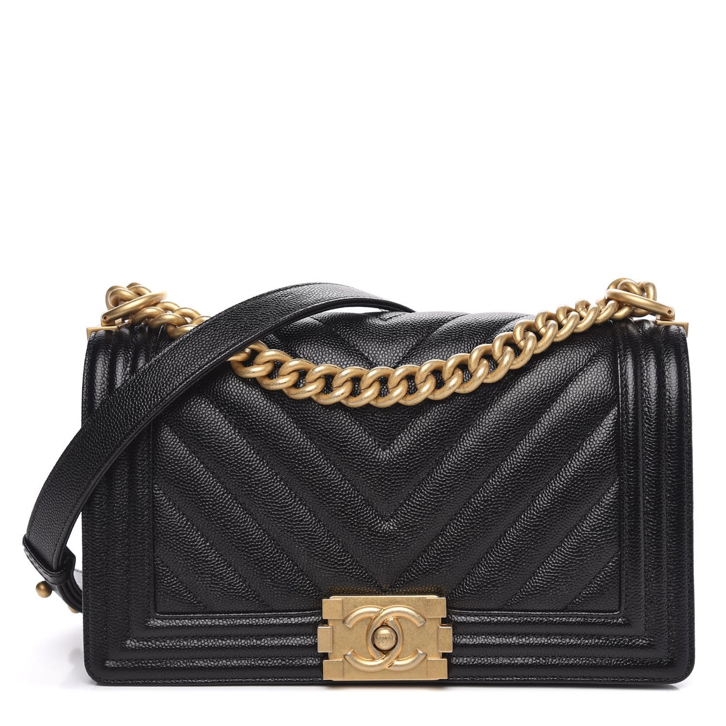 Caviar Chevron Quilted Medium Boy Flap Black