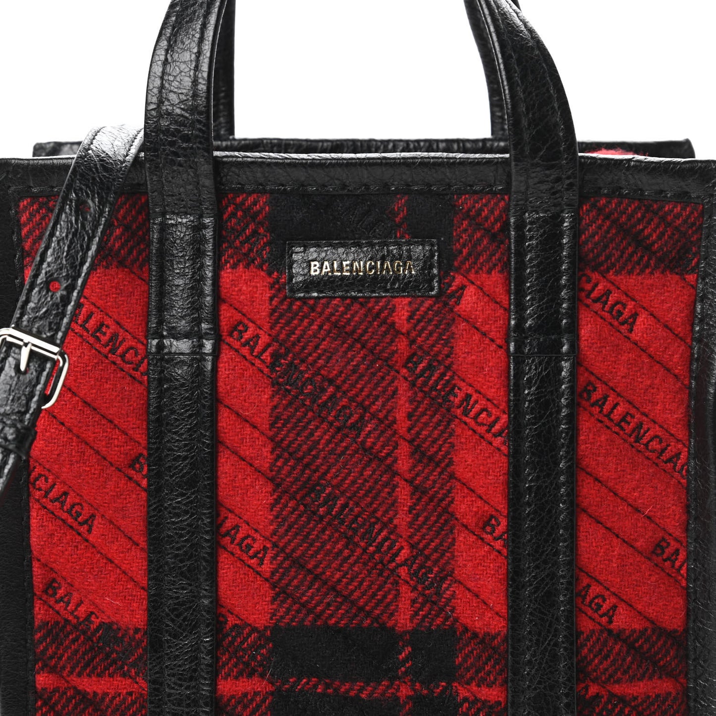 Wool Cuir Arena Plaid Diagonal Allover Logo Matelasse XS Bazar Shopper Tote Red Black
