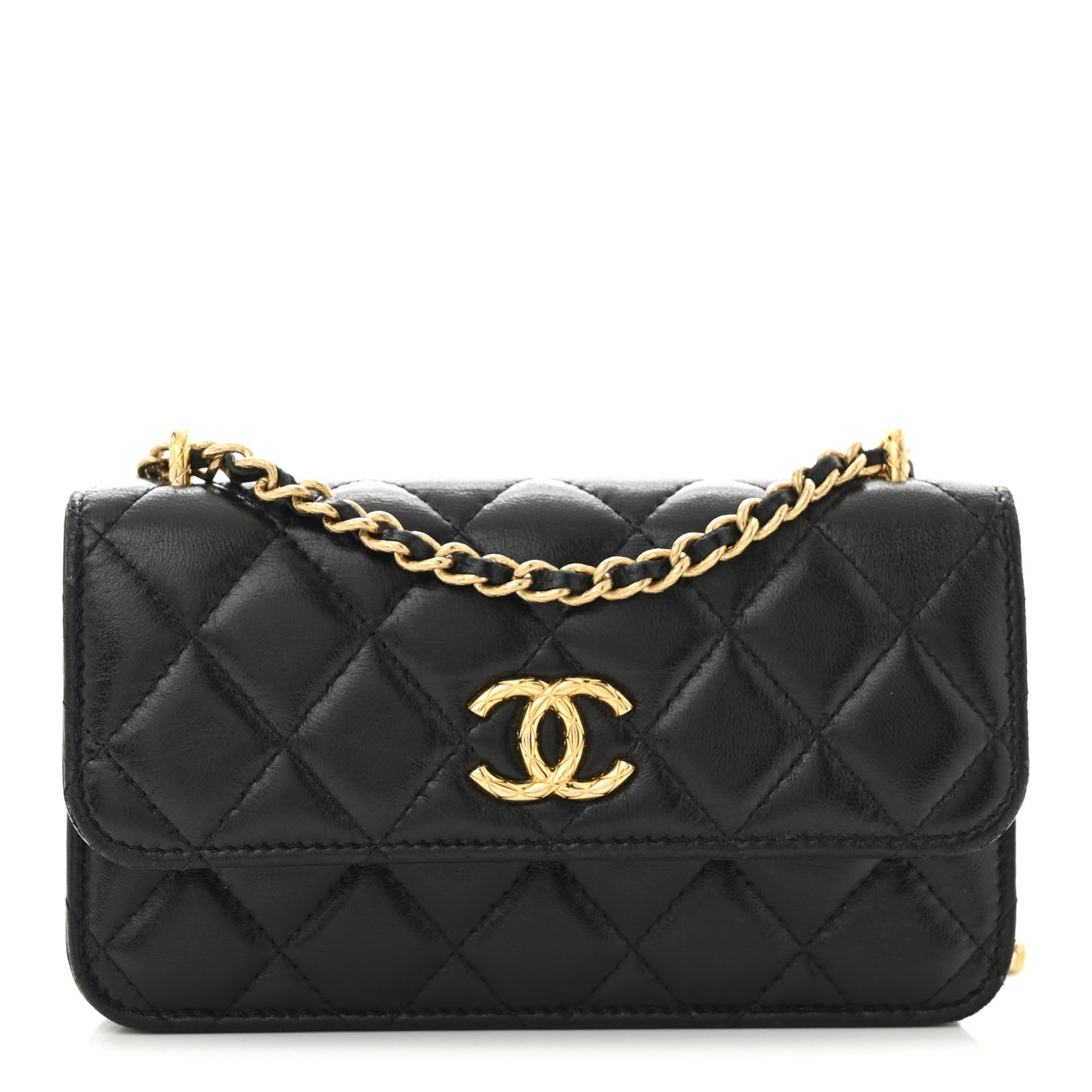 Lambskin Quilted Dynasty Flap Phone Holder With Chain Black