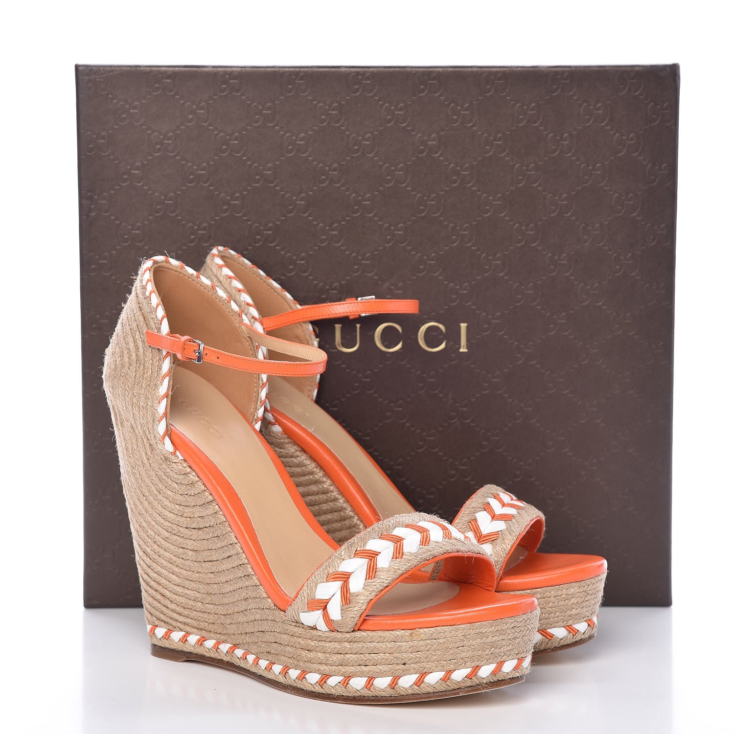 Gucci Raffia Woven Tiffany Espadrille Platform Wedge Sandals 39 Natural White Vibrant Orange 12 of 12