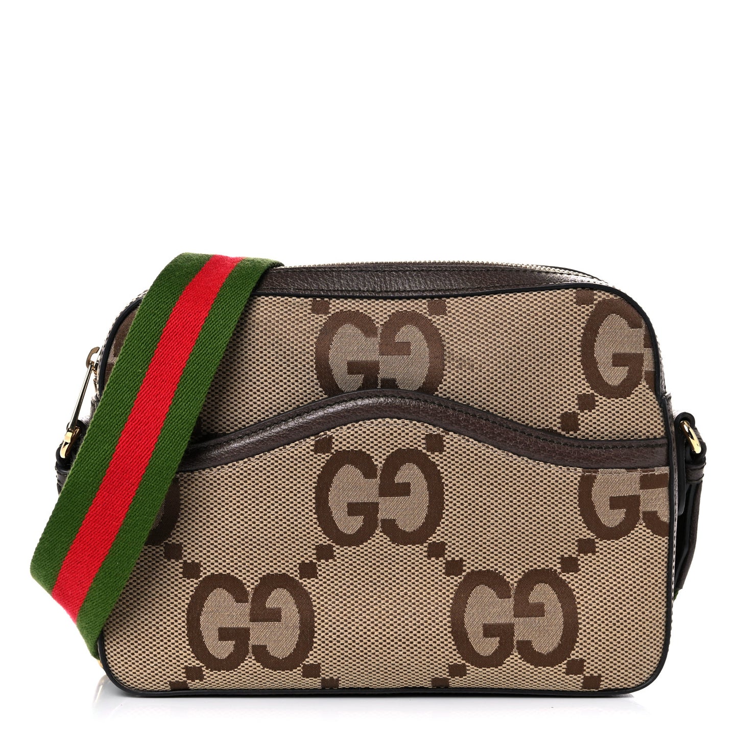 Monogram Jumbo GG Textured Dollar Calfskin Web Messenger Shoulder Bag Camel Ebony New Acero