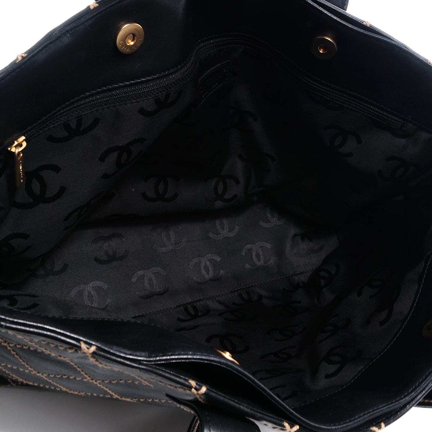 Leather Contrast Stitch Surpique Shopping Tote Black
