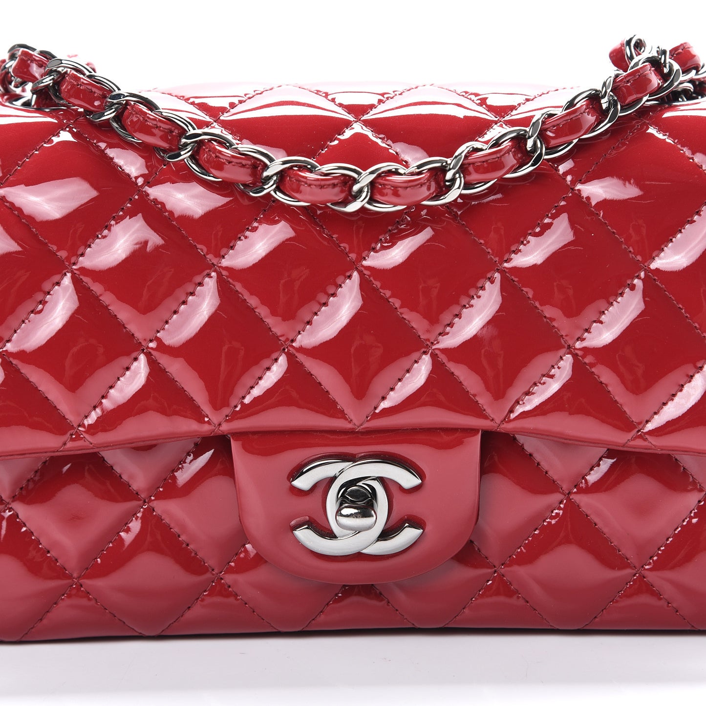 Patent Calfskin Quilted Mini Rectangular Flap Red