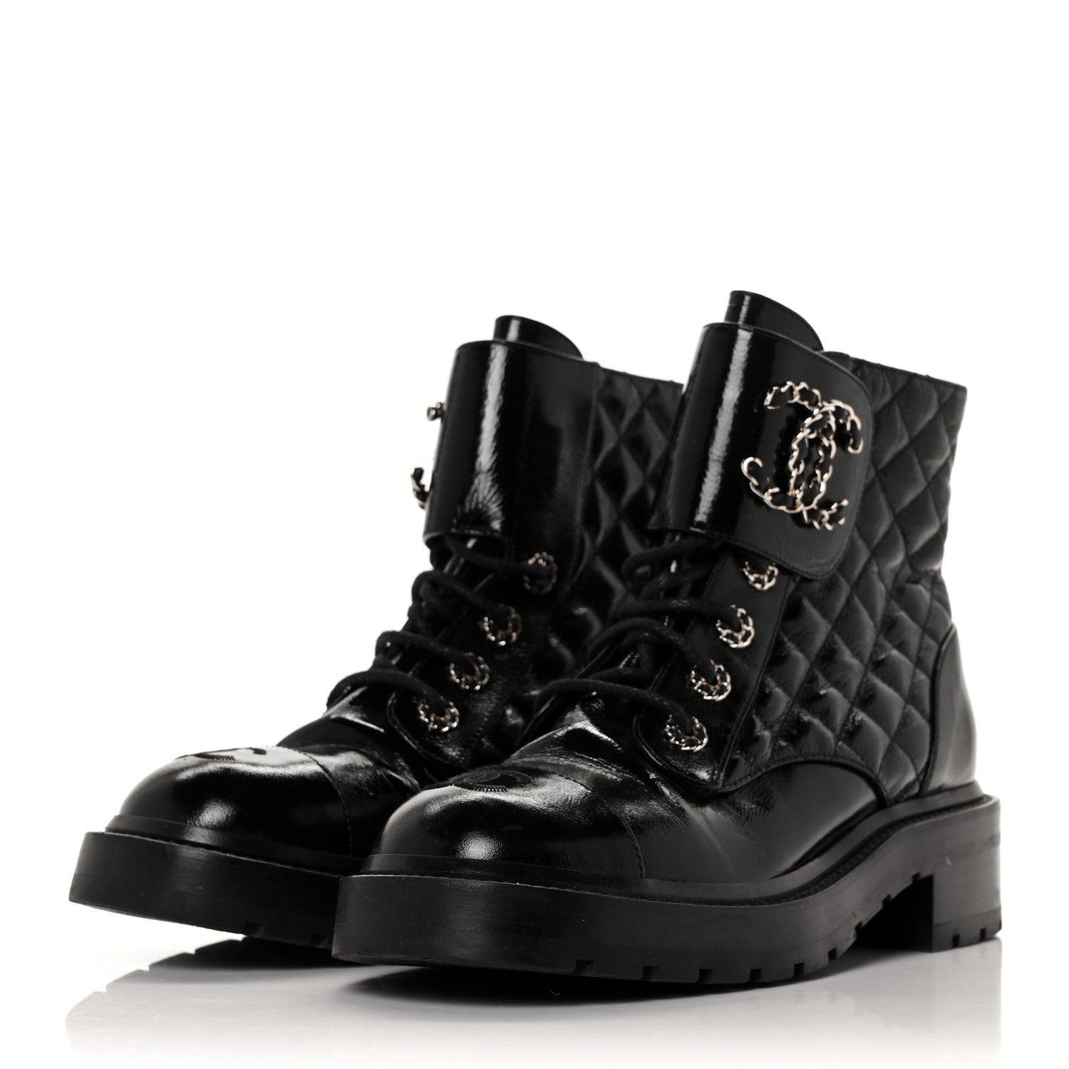 Chanel Shiny Calfskin Quilted Lace Up Combat Boots 38 Black 3 of 5