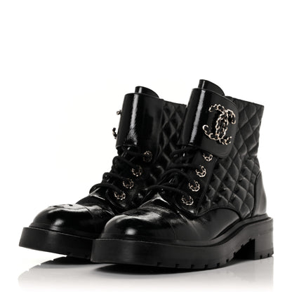 Chanel Shiny Calfskin Quilted Lace Up Combat Boots 38 Black 3 of 5