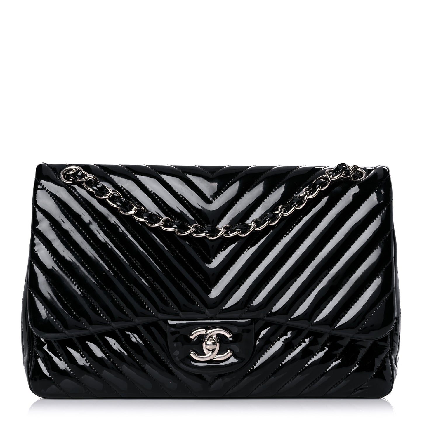 Patent Chevron Quilted Jumbo Double Flap Black