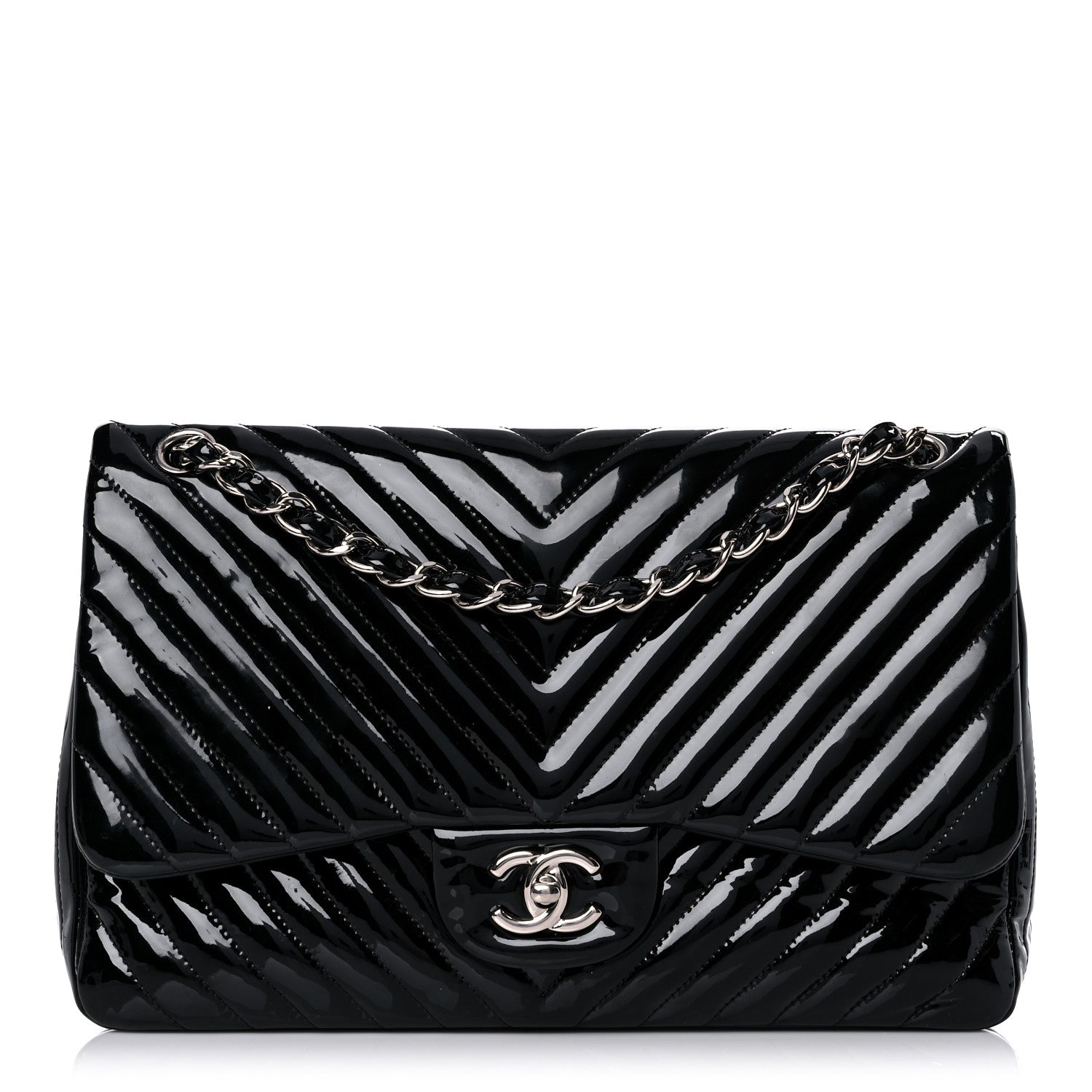 Chanel Patent Chevron Quilted Jumbo Double Flap Black 1 of 18