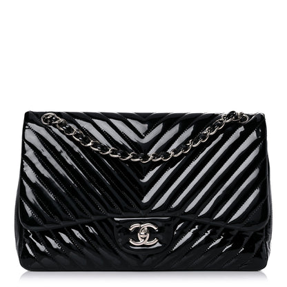 Chanel Patent Chevron Quilted Jumbo Double Flap Black 1 of 18
