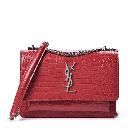 Saint Laurent Calfskin Crocodile Embossed Monogram Sunset Chain Wallet New Lipstick Red 1 of 8