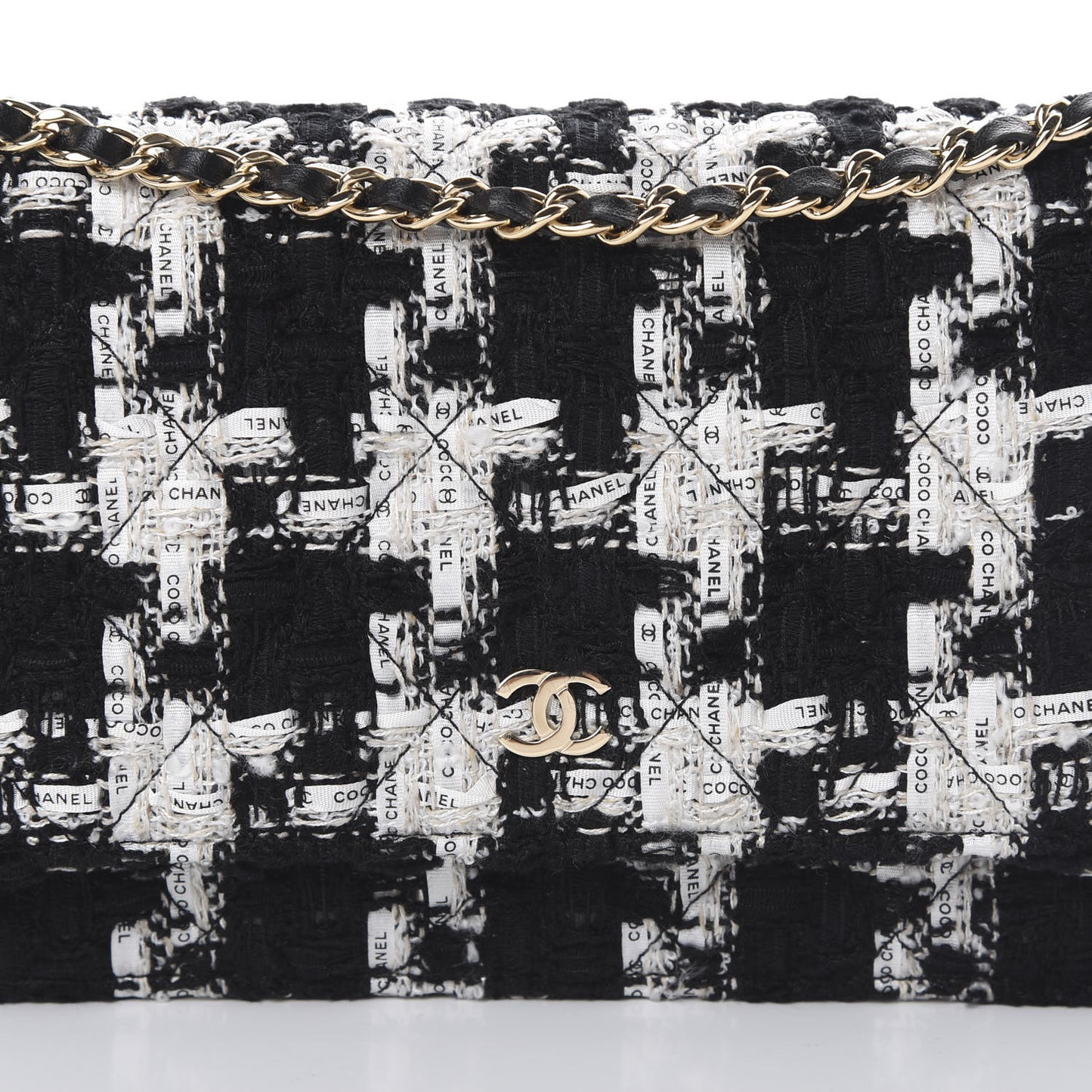 Tweed Quilted Wallet On Chain WOC Black Ecru White