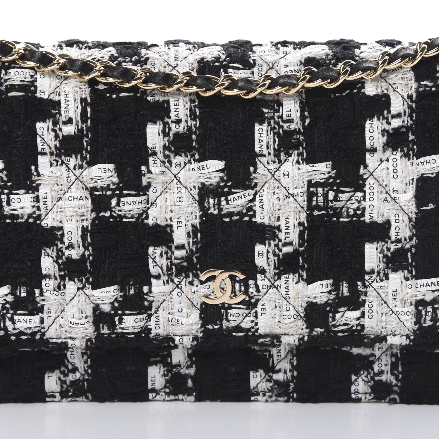Chanel Tweed Quilted Wallet On Chain WOC Black Ecru White 8 of 12