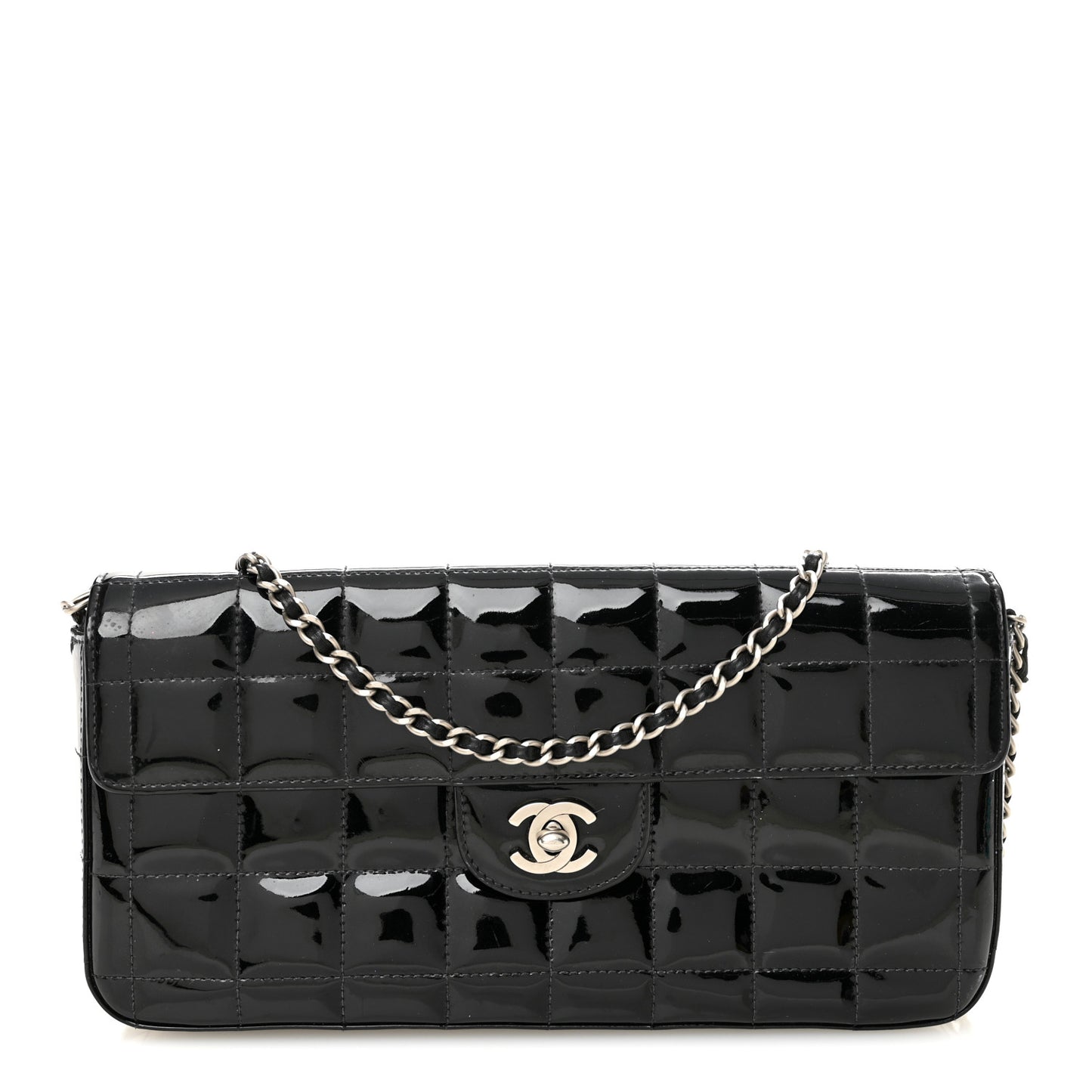 Patent Quilted East West Chocolate Bar Flap Black