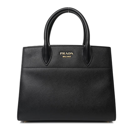 Prada Saffiano City Calfskin Small Bibliotheque Top Handle Black White 1 of 11