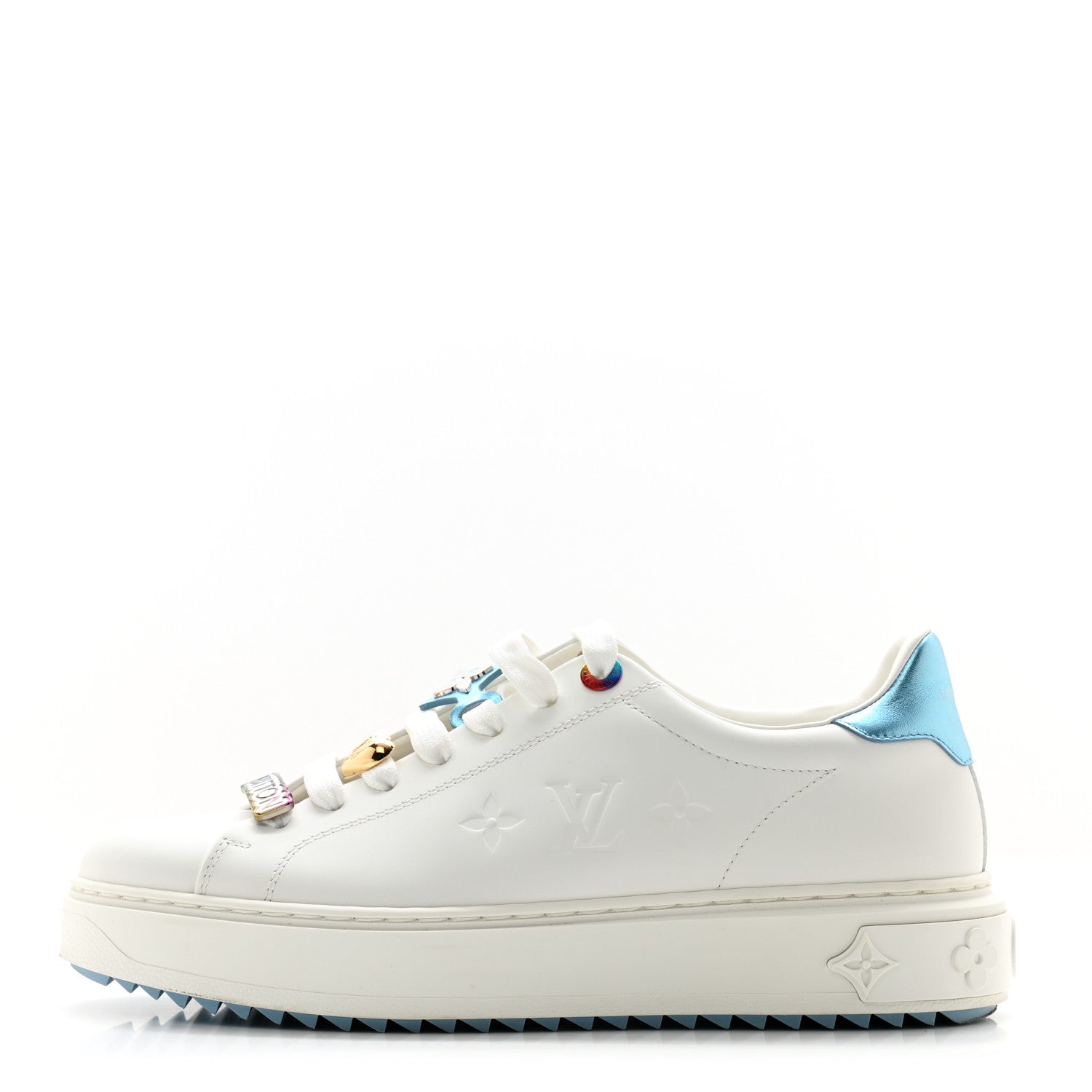 Louis Vuitton Lambskin Embossed Monogram Time Out Sneakers 38.5 White Blue 1 of 10