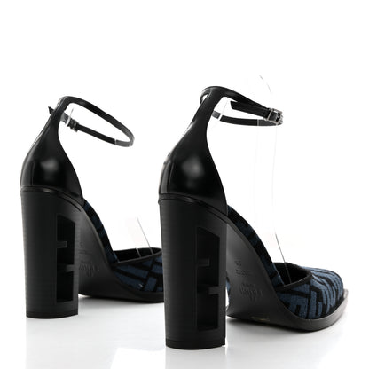 Fendi Chenille Jacquard FF Cut Baguette Ankle Strap 105mm Pumps 38 Black Blue 4 of 8