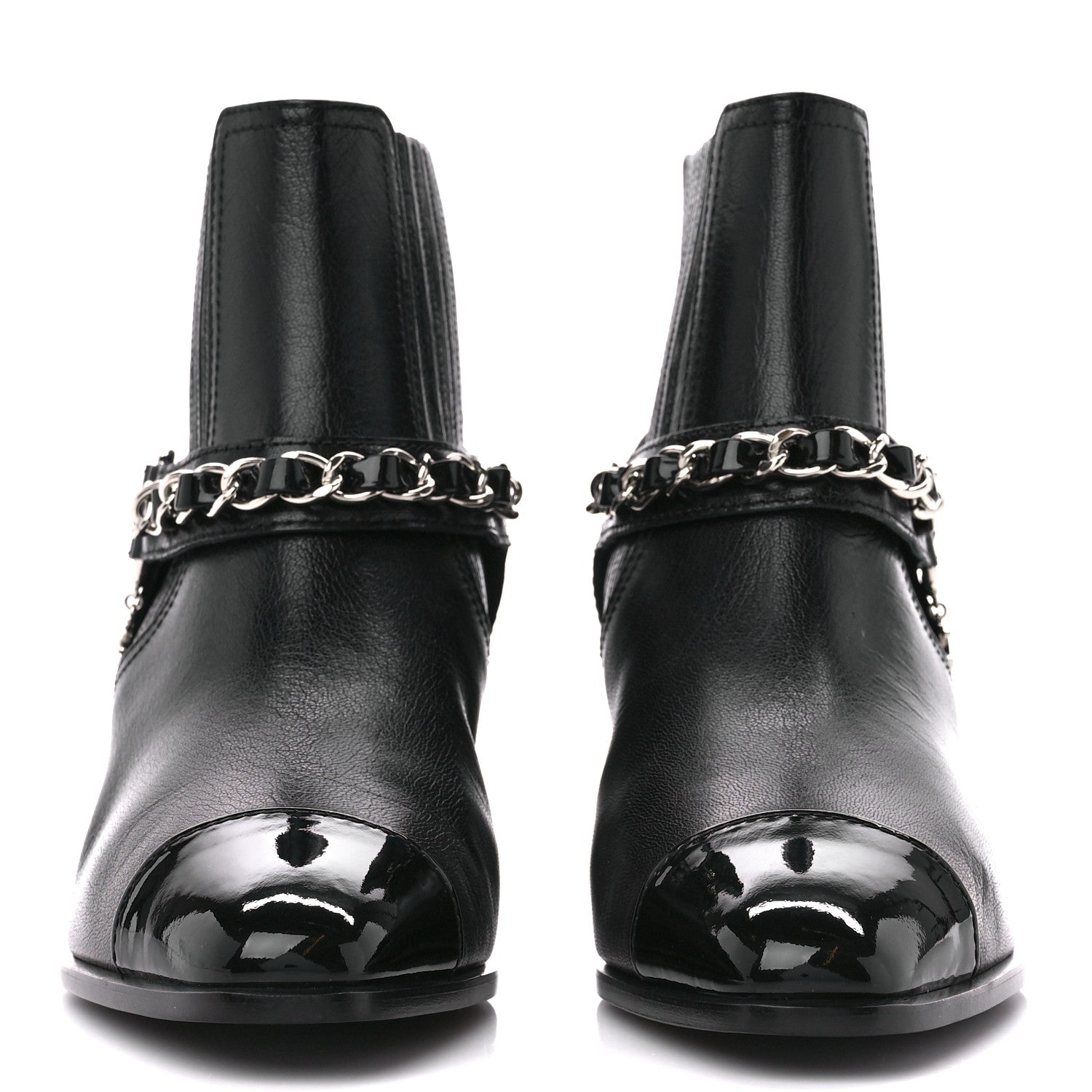 Chanel Goatskin Patent CC Cap Toe Chain Boots 38 Black 36.5 Black 2 of 8