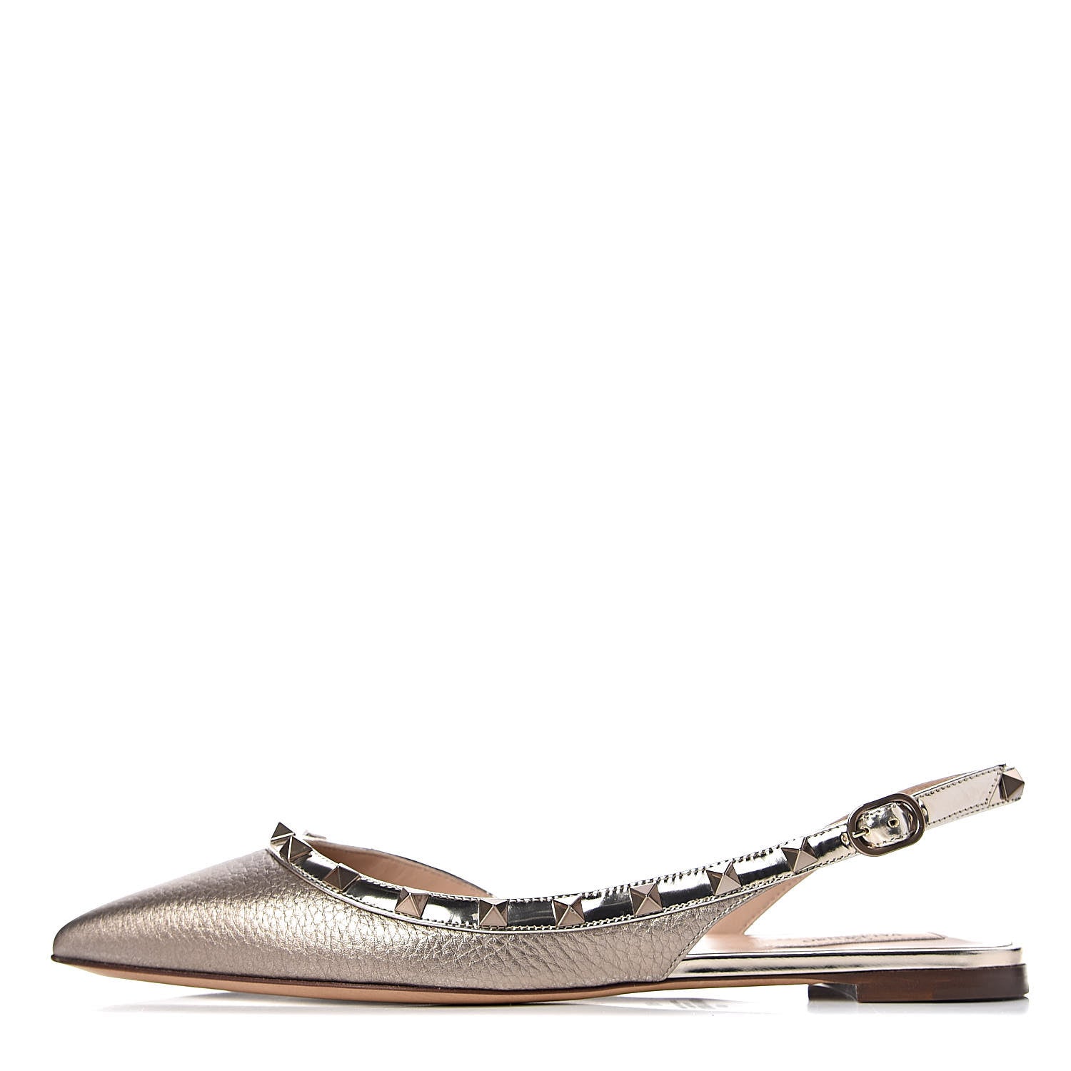 Valentino Garavani Metallic Pebbled Calfskin Patent Rockstud Slingback Flats 38 Skin 1 of 11