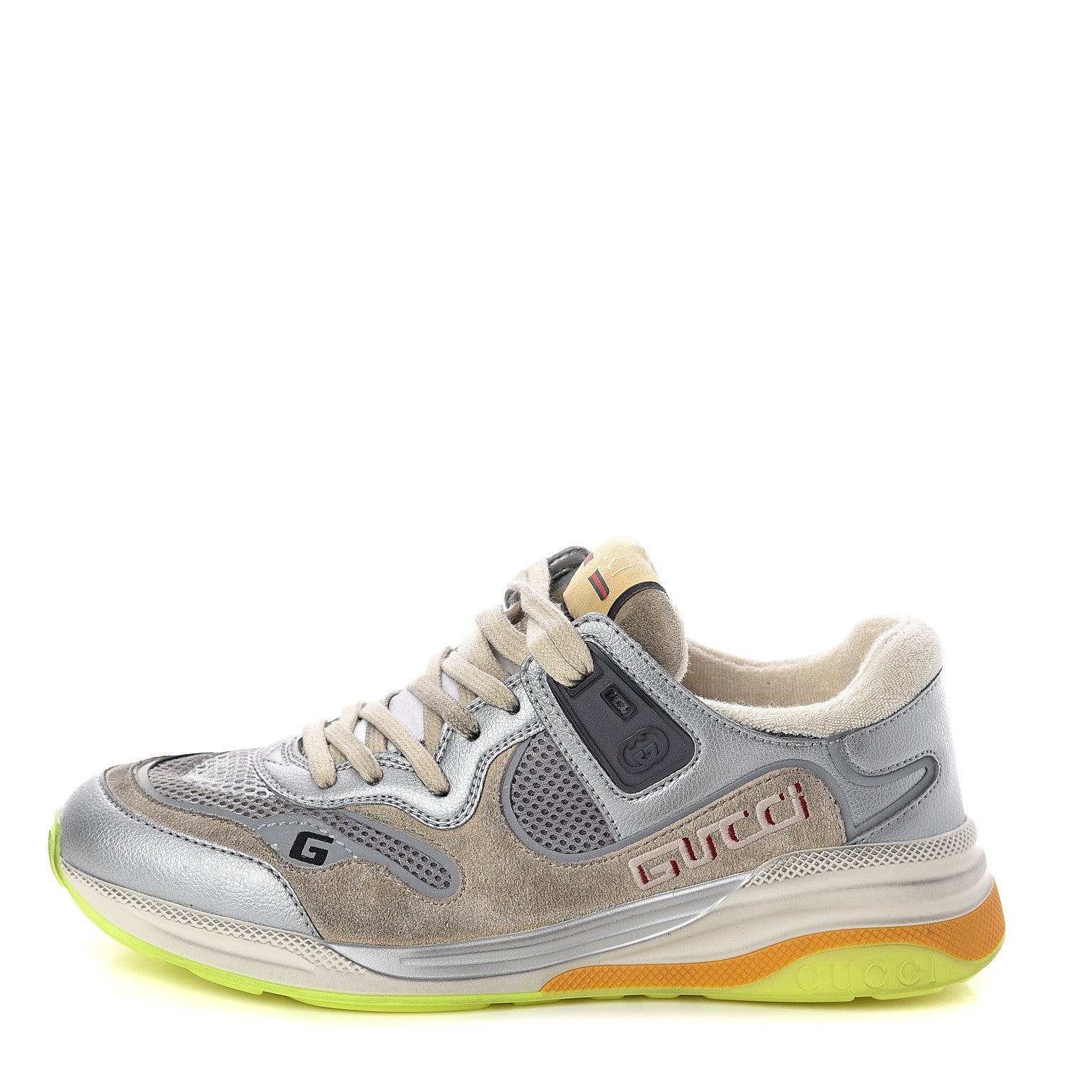 Gucci Metallic Calfskin Suede Womens Ultrapace Sneakers 38.5 Silver Oatmeal 1 of 7