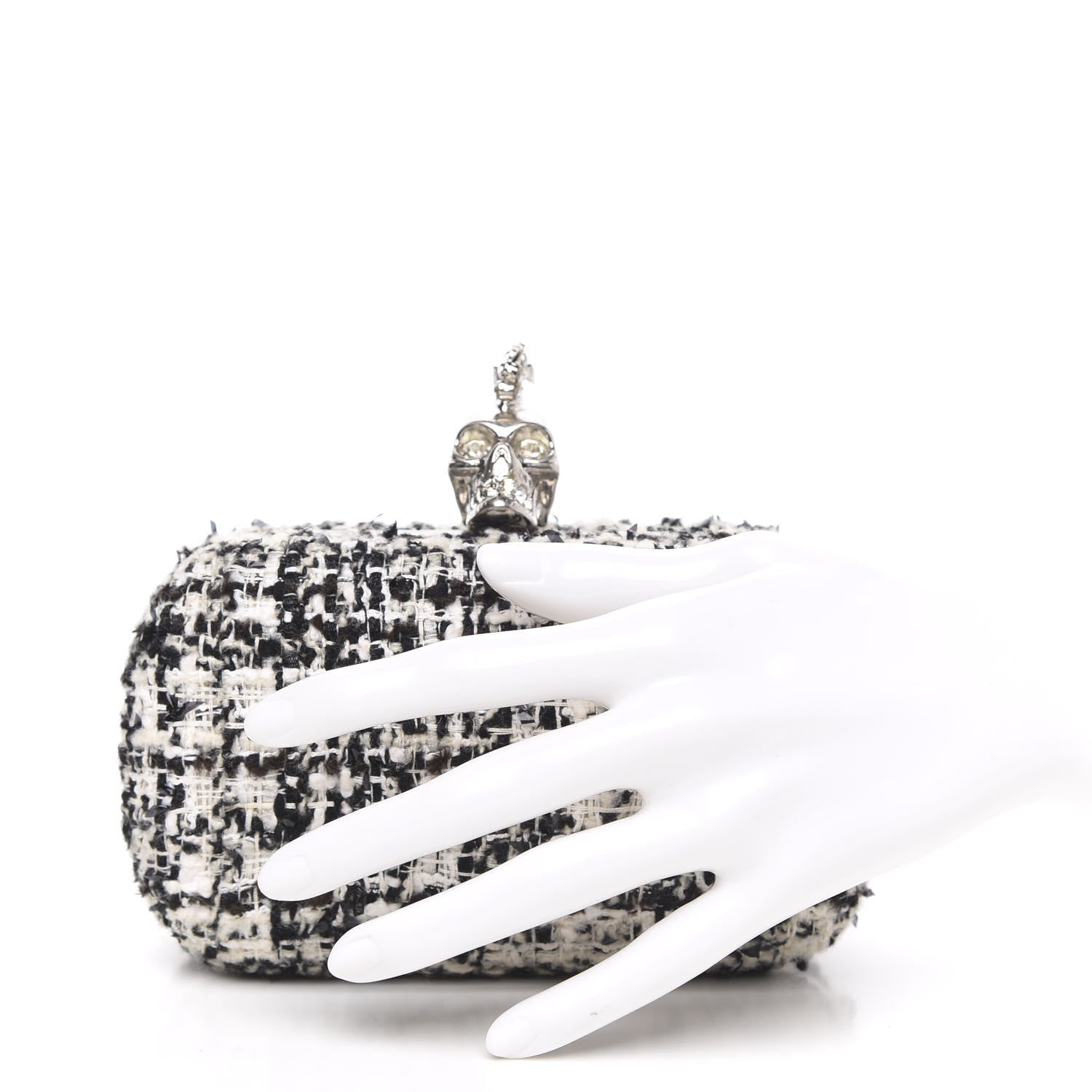 Alexander McQueen Tweed Calfskin Skull Box Clutch Black White 2 of 10