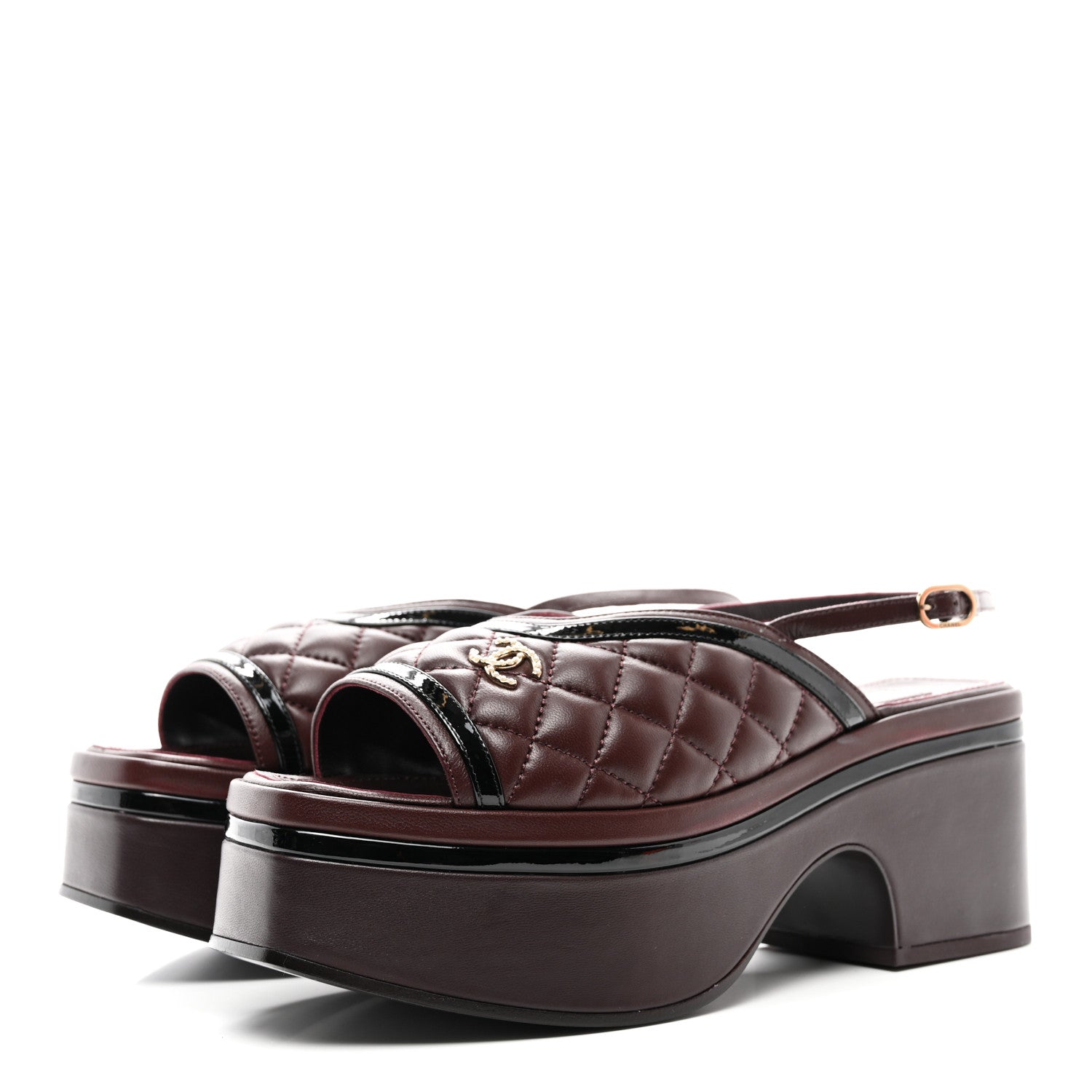 Chanel Lambskin Patent Calfskin Quilted CC Platform Slingback Sandals 38 Burgundy Black 3 of 9