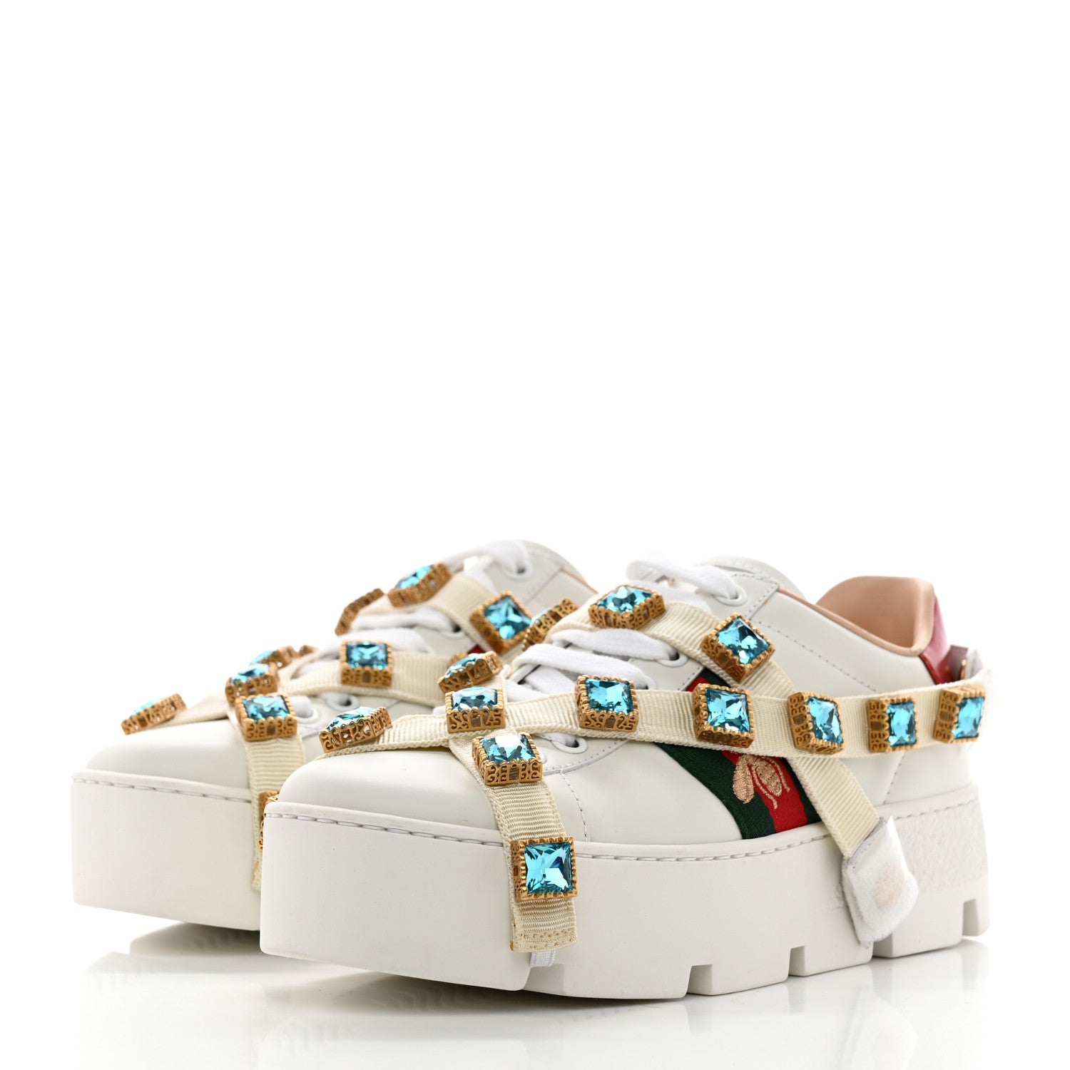 Gucci Calfskin Removable Crystals Bee Embroidered Ace Platform Sneakers 35 White 3 of 11
