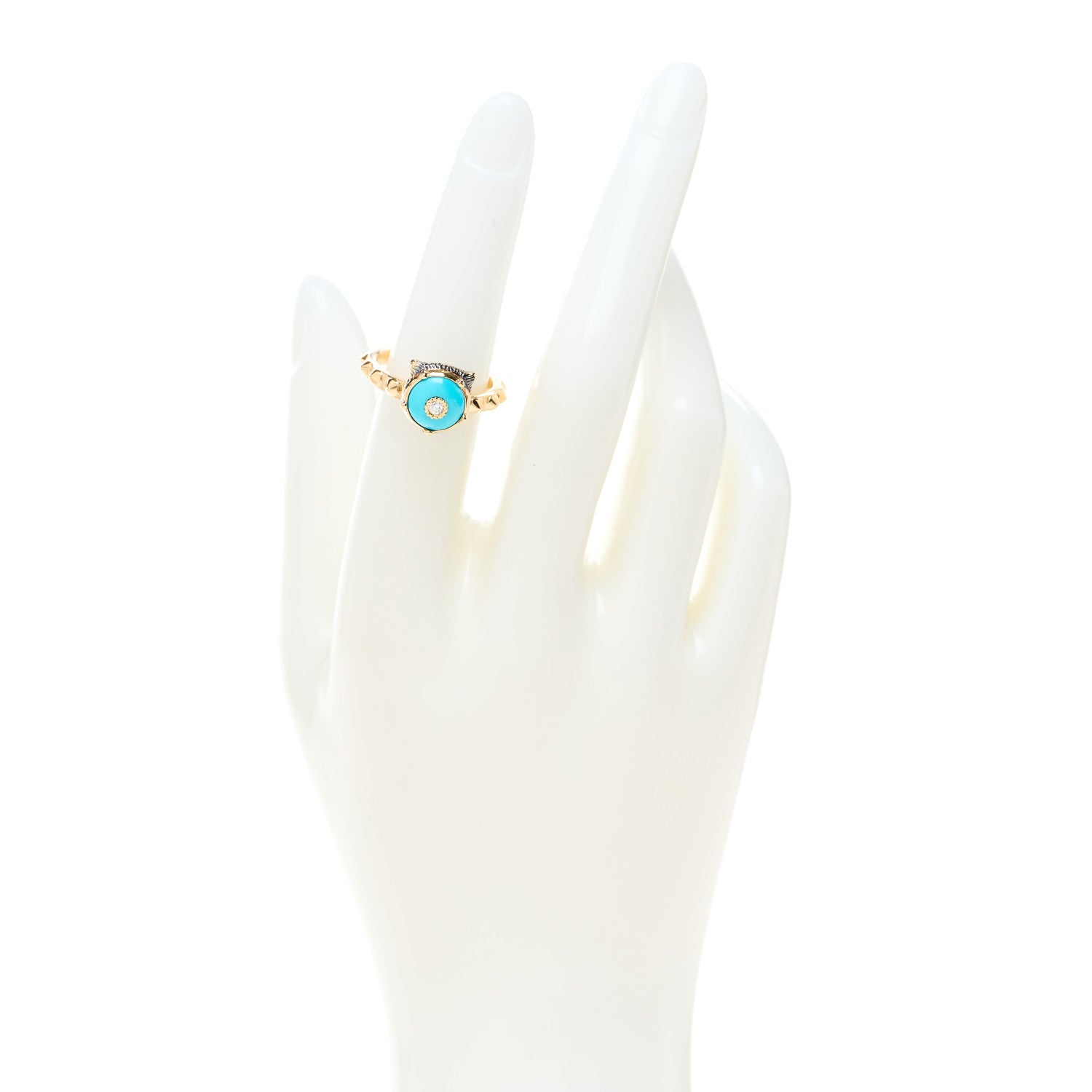 Gucci 18K Yellow Gold Turquoise Diamond Le Marche Des Merveilles Feline Ring 53 6.25 2 of 8