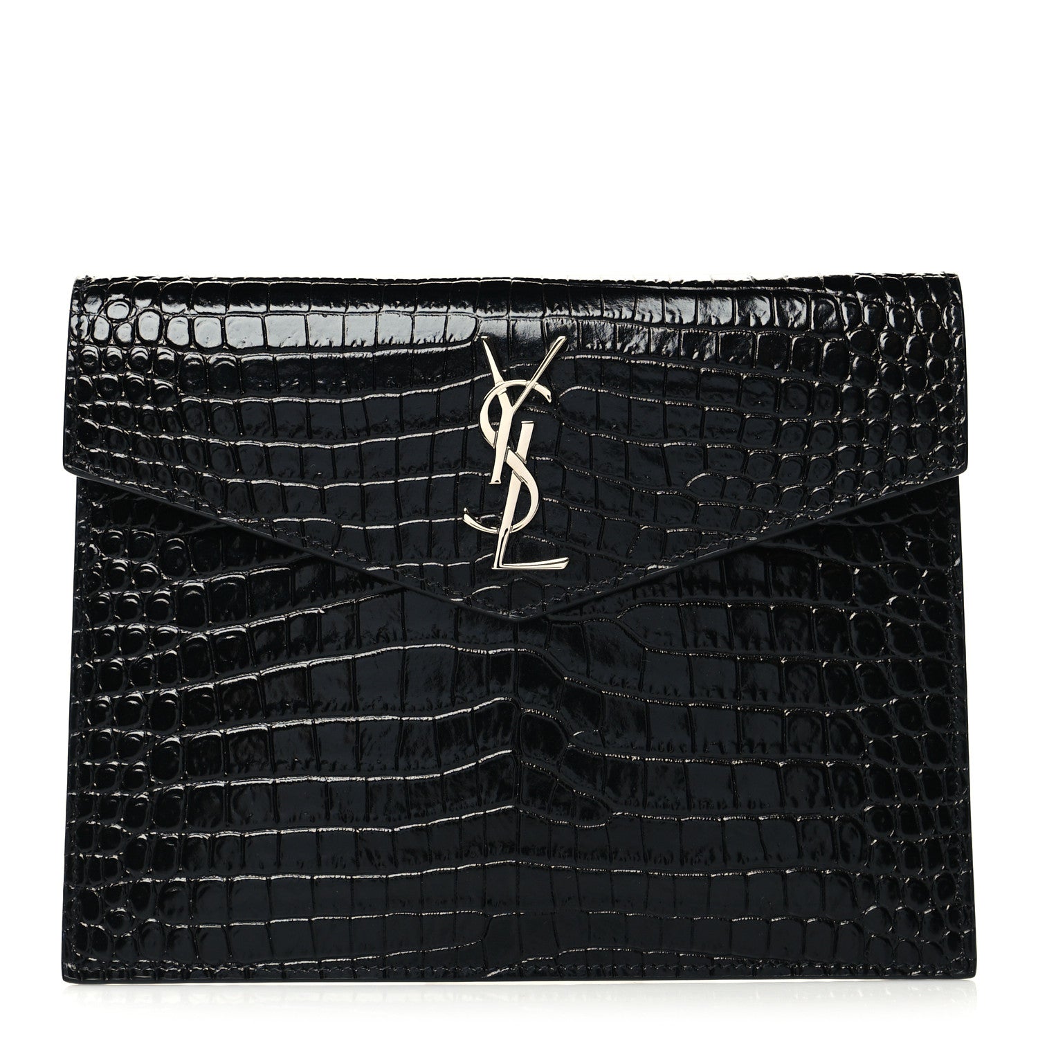 Saint Laurent Calfskin Crocodile Embossed Monogram Uptown Baby Pouch Black 1 of 7