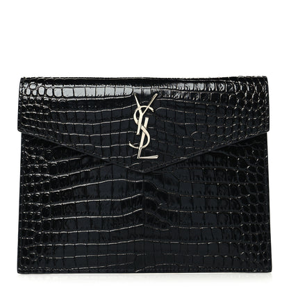 Saint Laurent Calfskin Crocodile Embossed Monogram Uptown Baby Pouch Black 1 of 7