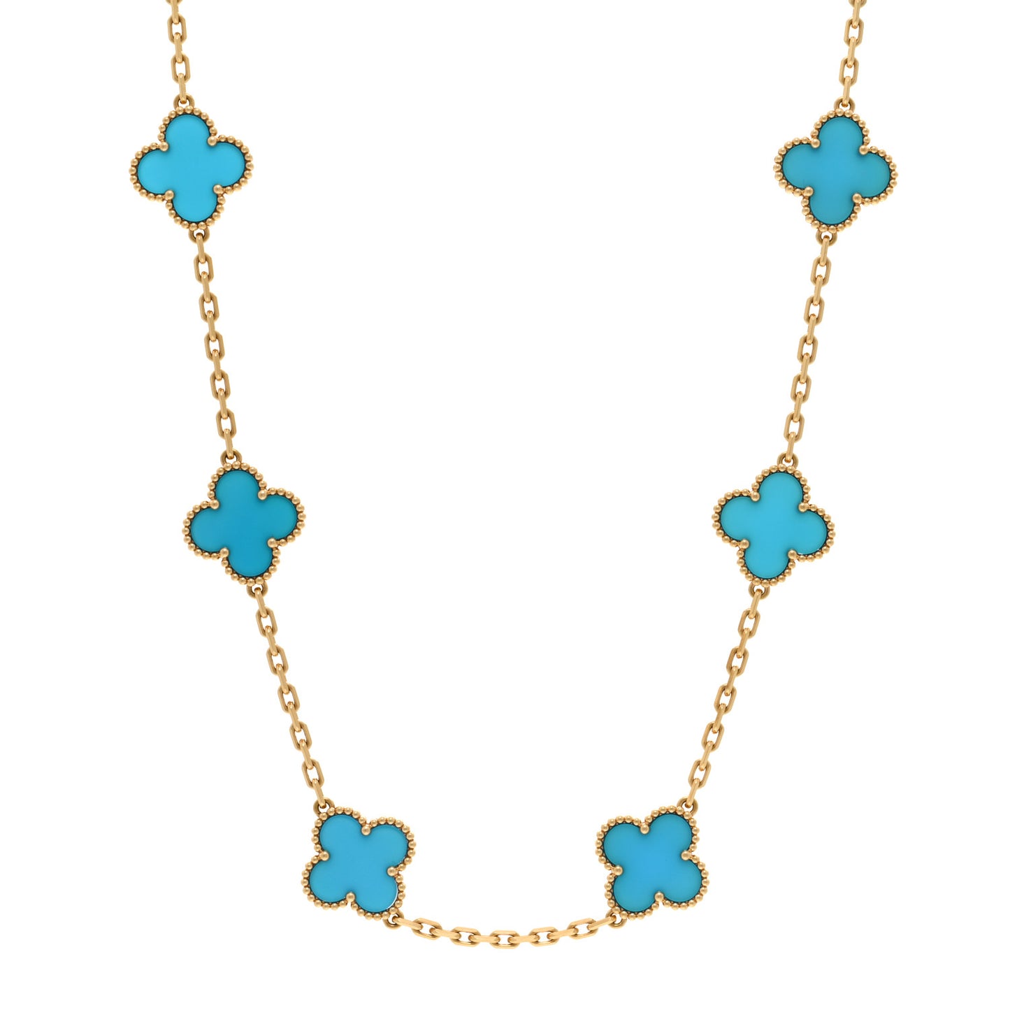 18K Yellow Gold Blue Agate 10 Motifs Vintage Alhambra Necklace