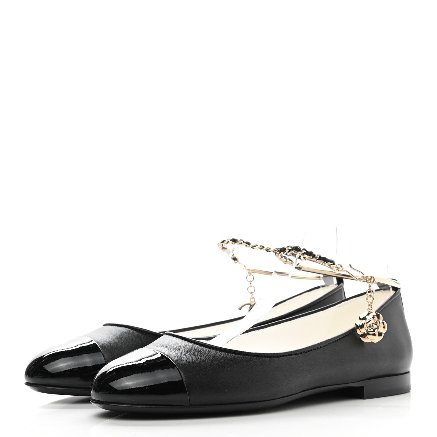 Chanel Lambskin Patent Calfskin Cap Toe Ankle Chain Ballerina Flats 36 Black 4 of 8