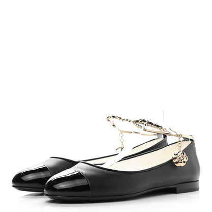 Chanel Lambskin Patent Calfskin Cap Toe Ankle Chain Ballerina Flats 36 Black 4 of 8